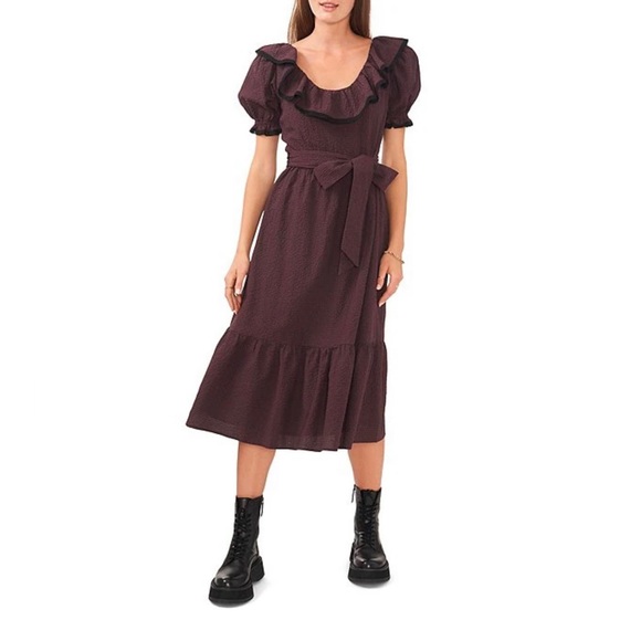 Ruffle Scoop Neck Short Puff Sleeve Chelsea and Violet Check Print Midi Dress - Picture 8 of 9